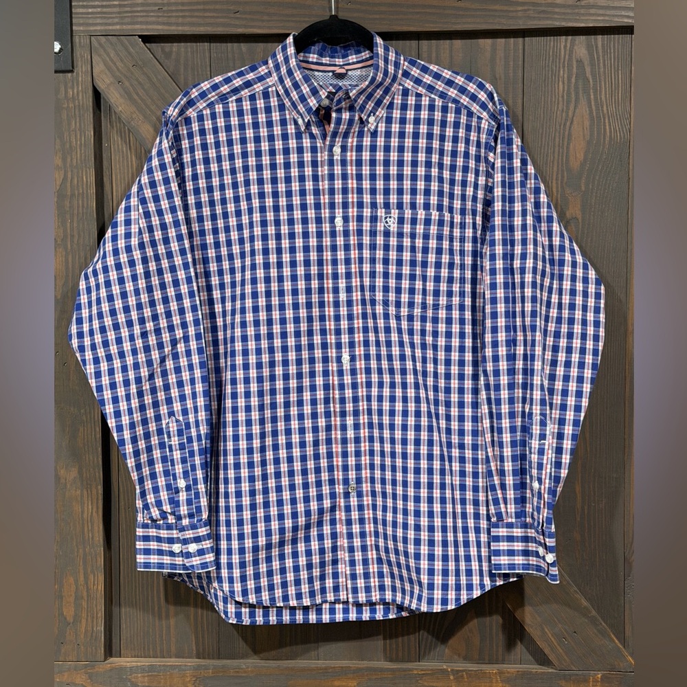 Ariat Pro Series Men’s Blue and Orange Plaid Shirt Long Sleeve Size Small